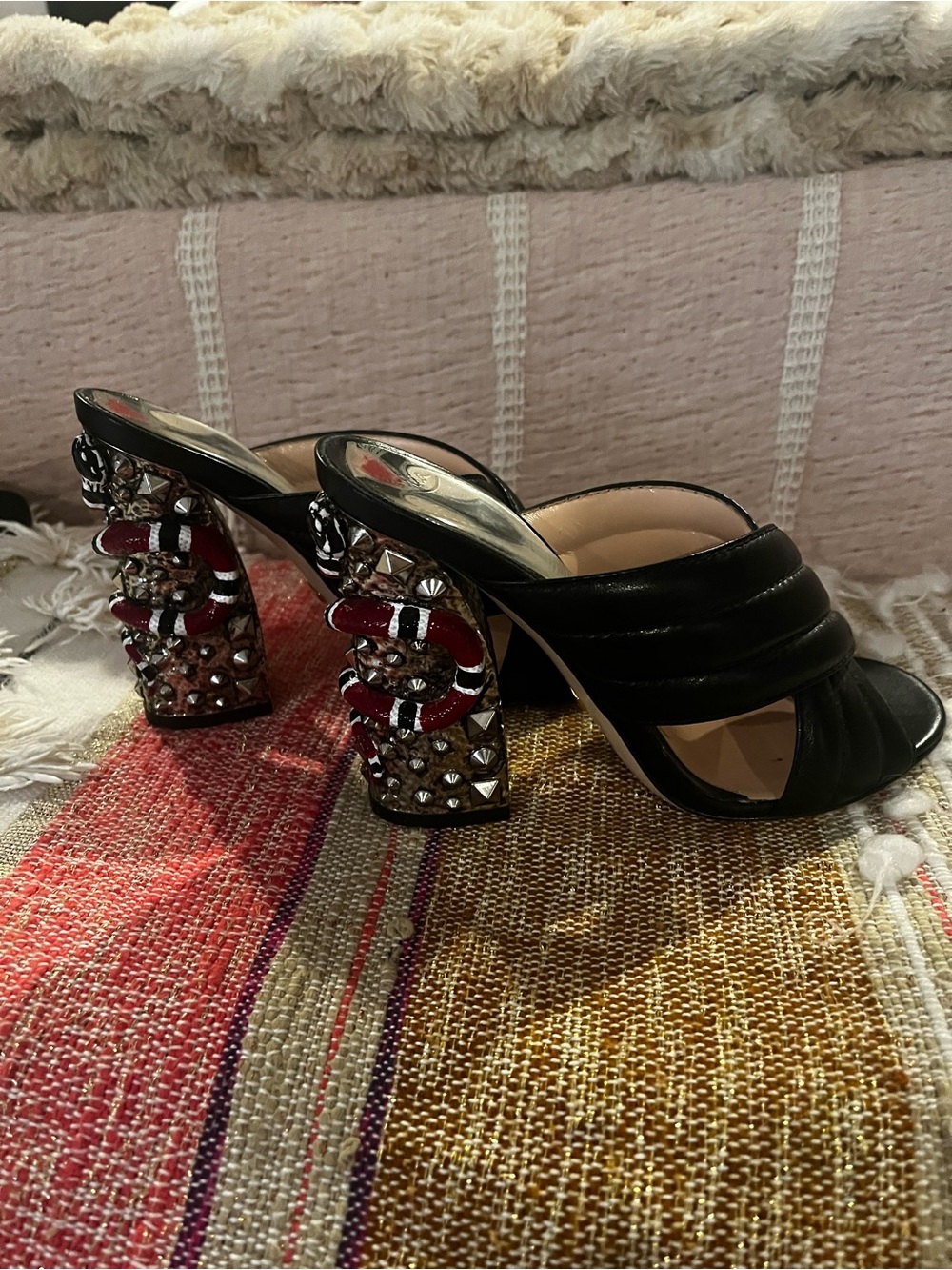Gucci Black Leather Studded Block Heel Mules with Red Accent